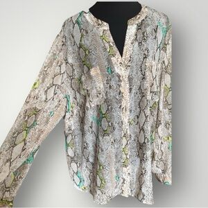 Covington Woman Semi Sheer Brown Cream Snake Print Long Sleeve Blouse Size 2X